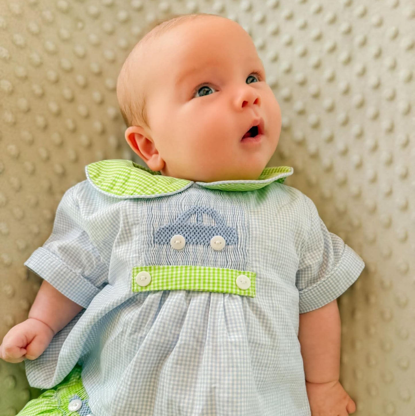 Blue & Green Smocked Cars Diaper Set
