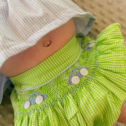 Blue & Green Smocked Cars Diaper Set