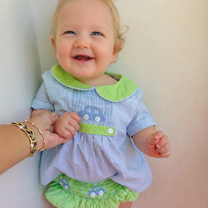 Blue & Green Smocked Cars Diaper Set