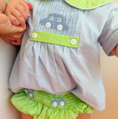 Blue & Green Smocked Cars Diaper Set
