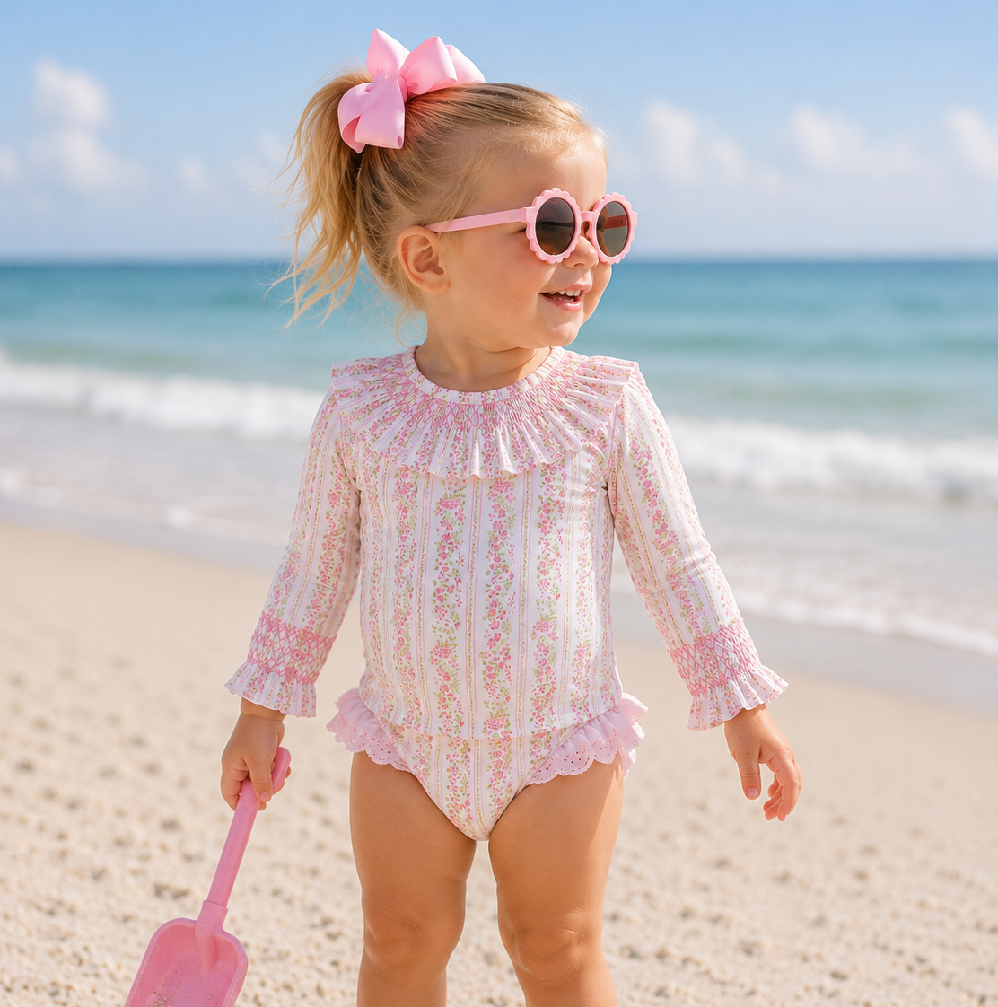 Girls Pink Palm Smocked 2PC Rash Guard