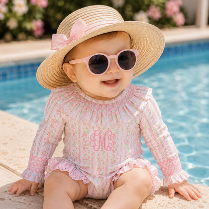 Girls Pink Palm Smocked 1PC Rash Guard