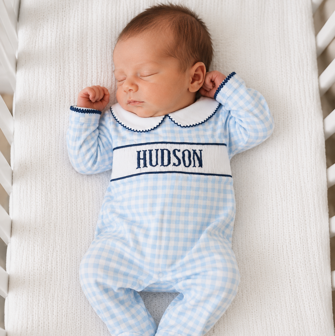 Boys Blue Gingham & Navy Knit Name Smocked Footie