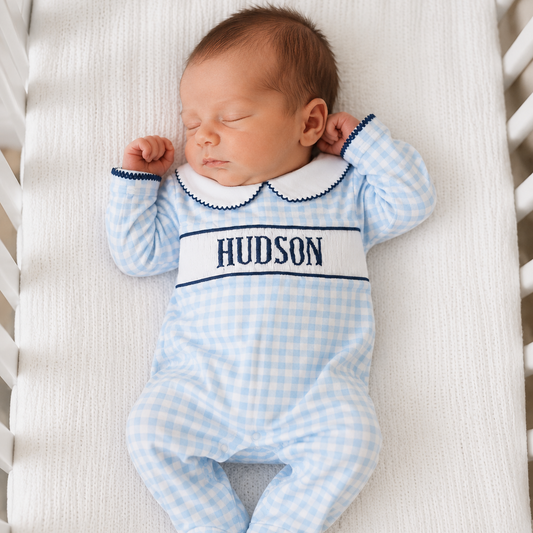Boys Blue Gingham & Navy Knit Name Smocked Footie