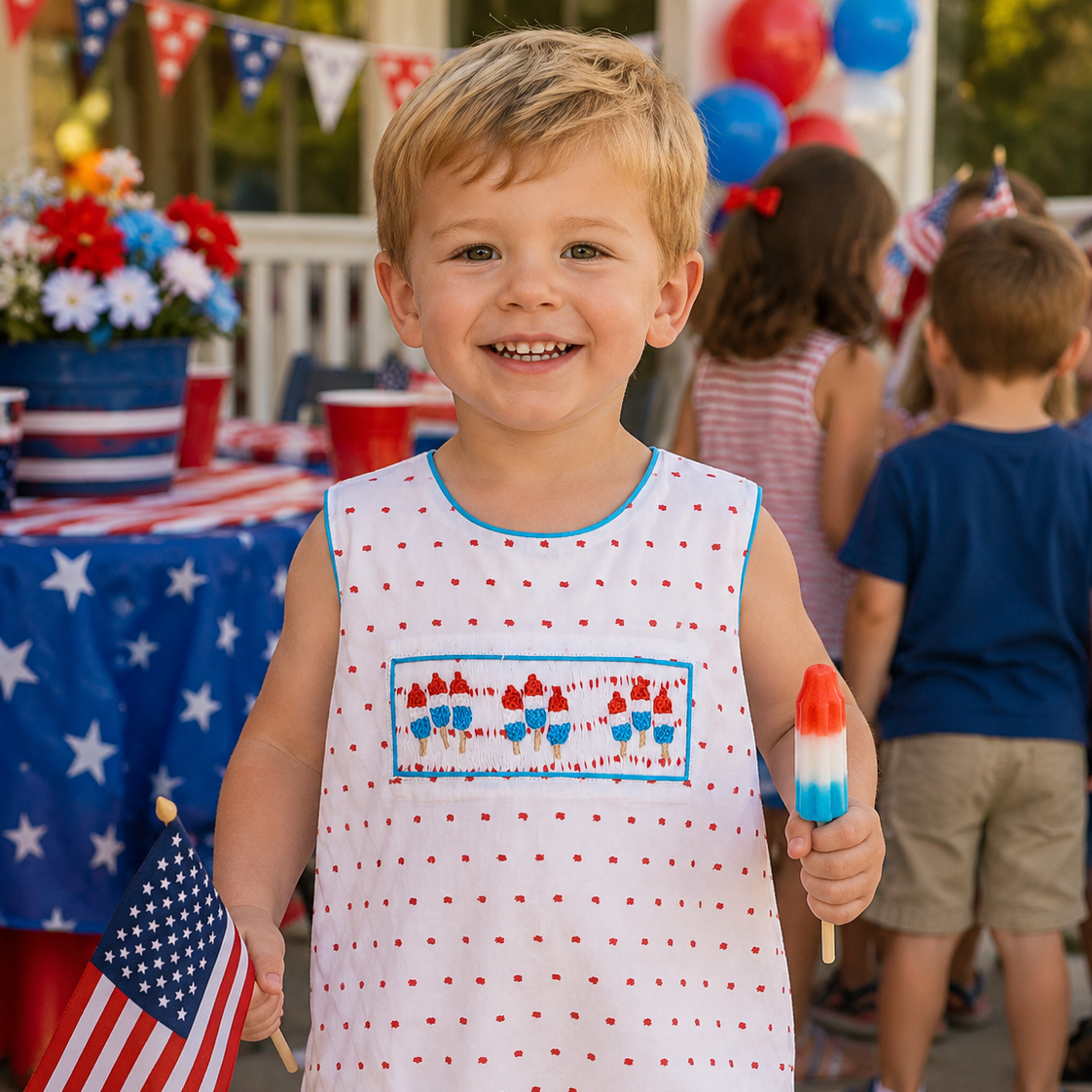 Boys Smocked Bomb Pops Swiss Dot Bubble