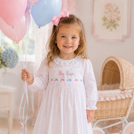 Pink & Blue Bows Swiss Dot Big Sister Smocked Dress