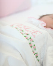 Load image into Gallery viewer, PREORDER- GIRLS PINK &amp; WHITE NAME SMOCKED INFANT GOWN