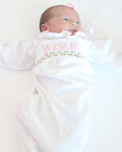 Load image into Gallery viewer, PREORDER- GIRLS PINK &amp; WHITE NAME SMOCKED INFANT GOWN