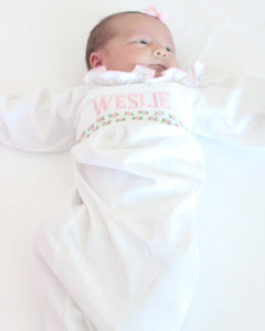 PREORDER- GIRLS PINK & WHITE NAME SMOCKED INFANT GOWN