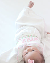 Load image into Gallery viewer, PREORDER- GIRLS PINK &amp; WHITE NAME SMOCKED INFANT GOWN