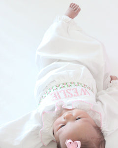 PREORDER- GIRLS PINK & WHITE NAME SMOCKED INFANT GOWN