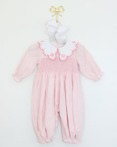 PINK PINSTRIPE BOW COLLAR ROMPER