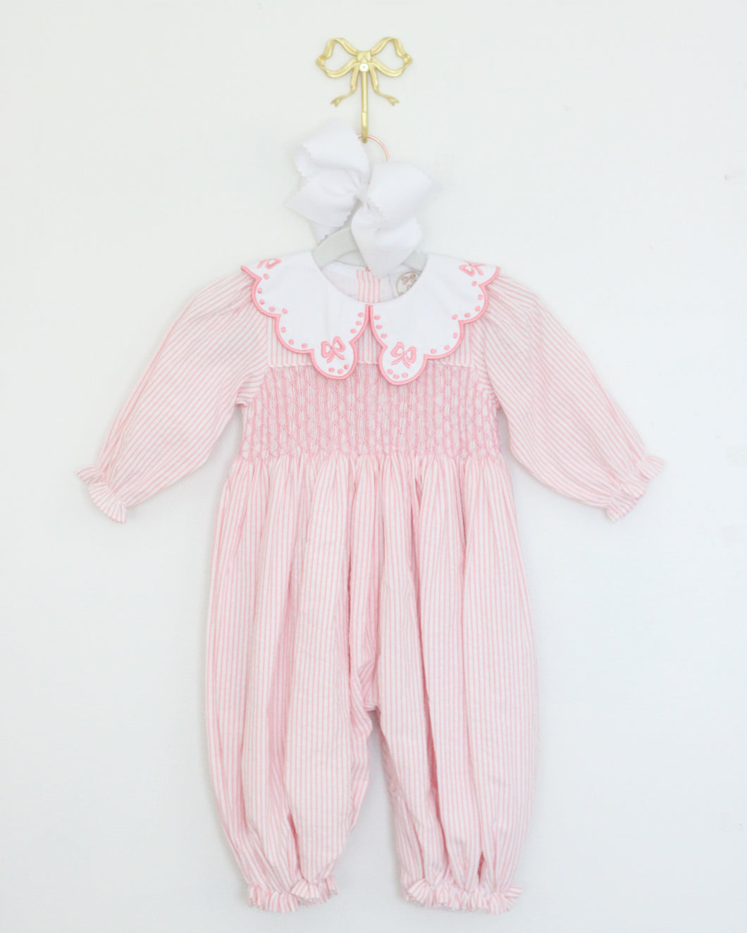 PINK PINSTRIPE BOW COLLAR ROMPER