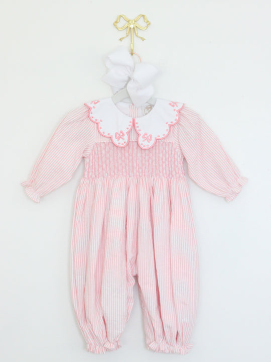 PINK PINSTRIPE BOW COLLAR ROMPER