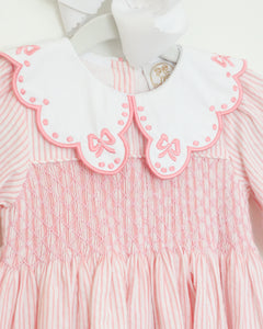 PINK PINSTRIPE BOW COLLAR ROMPER