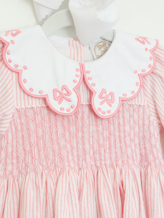 PINK PINSTRIPE BOW COLLAR ROMPER