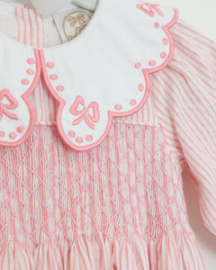 PINK PINSTRIPE BOW COLLAR ROMPER