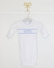 Load image into Gallery viewer, PREORDER- BOYS BLUE &amp; WHITE NAME SMOCKED INFANT GOWN