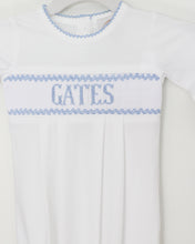 Load image into Gallery viewer, PREORDER- BOYS BLUE &amp; WHITE NAME SMOCKED INFANT GOWN