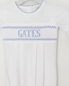 PREORDER- BOYS BLUE & WHITE NAME SMOCKED INFANT GOWN