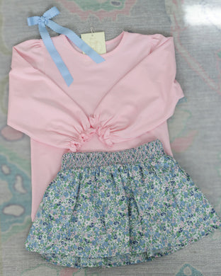 PINK & BLUE FLORAL SMOCKED SKIRT SET