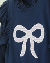 Load image into Gallery viewer, LAVENDER STRIPES &amp; NAVY BOW LEGGING SET