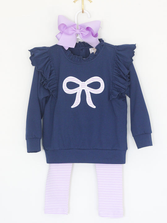 LAVENDER STRIPES & NAVY BOW LEGGING SET