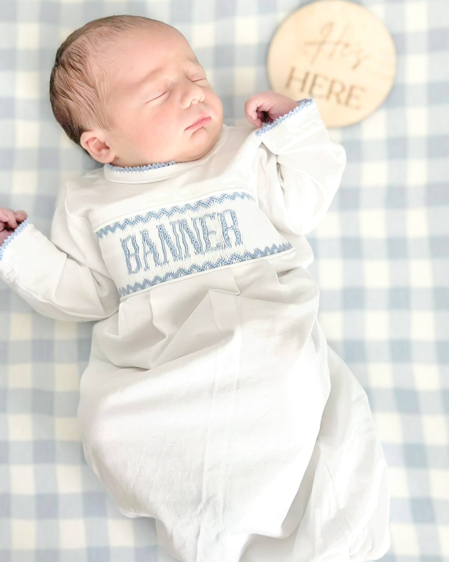 PREORDER BOYS BLUE WHITE NAME SMOCKED INFANT GOWN