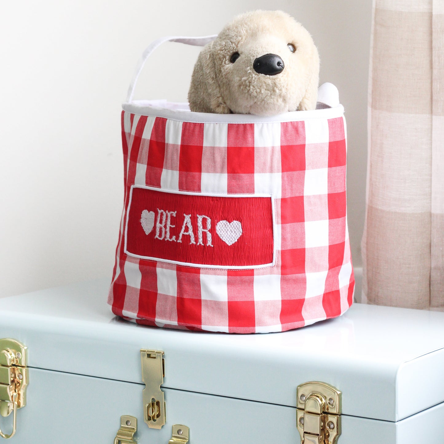 Boys Red Gingham Name Smocked Bucket
