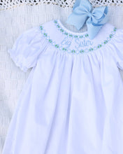 Load image into Gallery viewer, BLUE BIG SISTER SMOCKED BISHOP DRESS