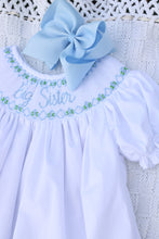 Load image into Gallery viewer, BLUE BIG SISTER SMOCKED BISHOP DRESS