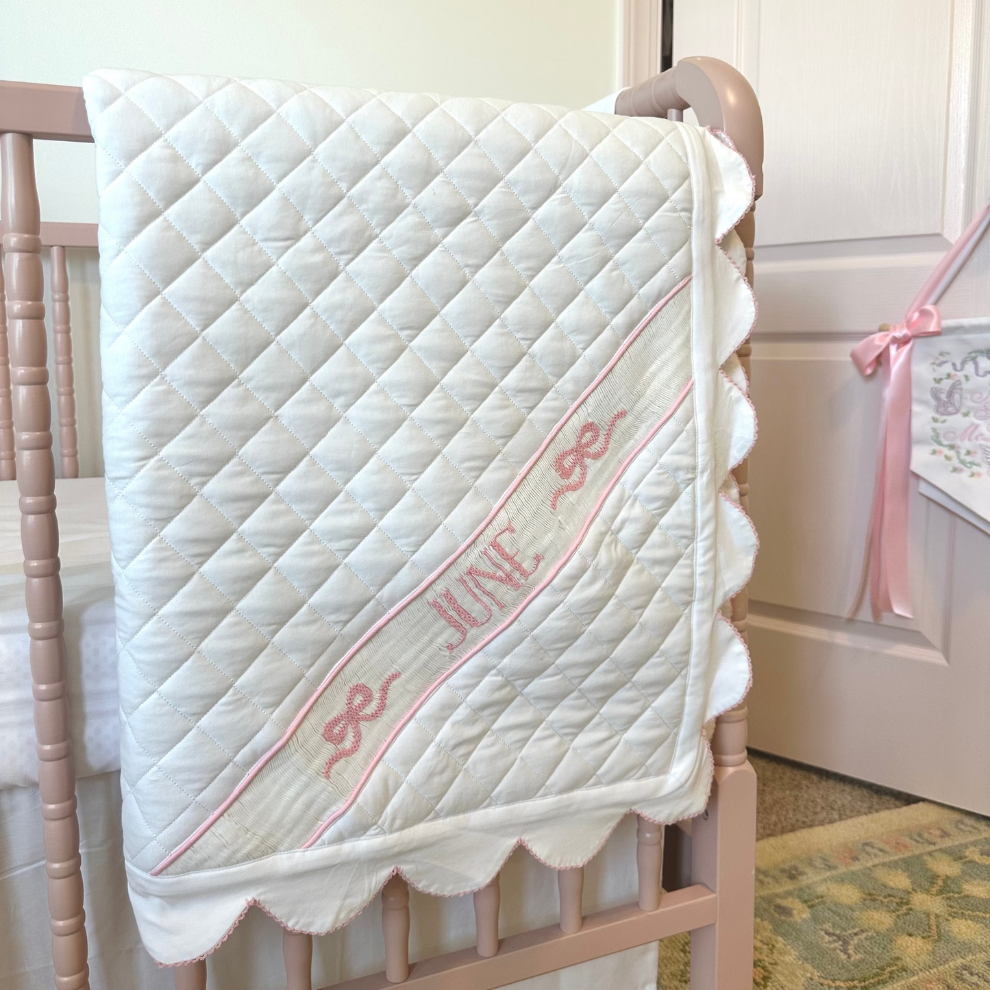Pink Bows Scalloped Name Smock Blanket
