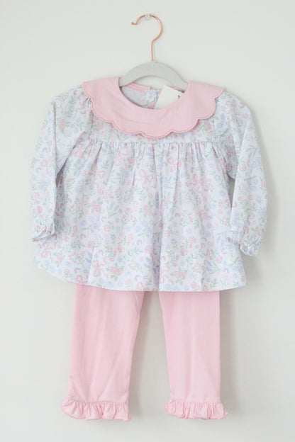 Pastel Floral & Bows Scalloped Collar Legging Set