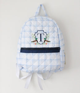 BLUE PLAID & NAVY QUILTED BACKPACK