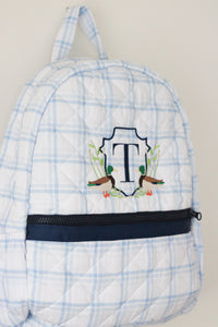 BLUE PLAID & NAVY QUILTED BACKPACK