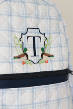 Load image into Gallery viewer, BLUE PLAID &amp; NAVY QUILTED BACKPACK