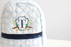 BLUE PLAID & NAVY QUILTED BACKPACK