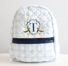 Load image into Gallery viewer, BLUE PLAID &amp; NAVY QUILTED BACKPACK