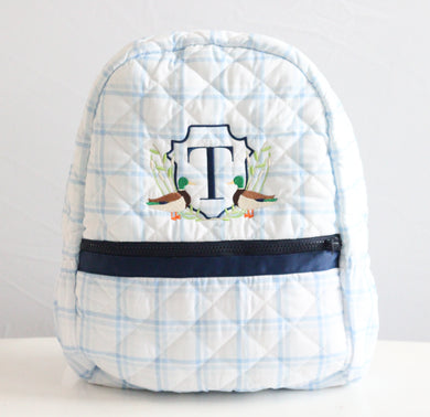 BLUE PLAID & NAVY QUILTED BACKPACK