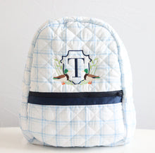 Load image into Gallery viewer, BLUE PLAID &amp; NAVY QUILTED BACKPACK