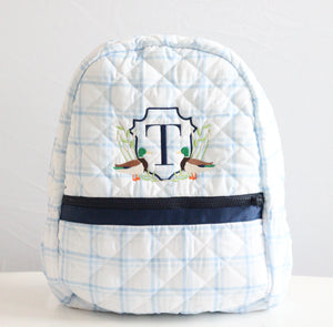 BLUE PLAID & NAVY QUILTED BACKPACK