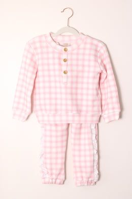 GIRLS PINK GINGHAM SWEATER JOGGER SET