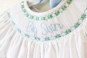 BLUE BIG SISTER SMOCKED BISHOP DRESS