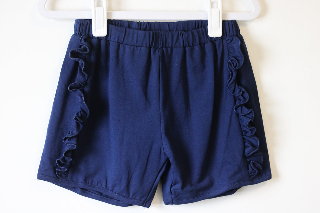 NAVY KNIT RUFFLE SHORTS