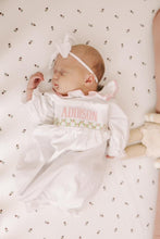 Load image into Gallery viewer, PREORDER- GIRLS PINK &amp; WHITE NAME SMOCKED INFANT GOWN