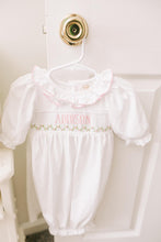 Load image into Gallery viewer, PREORDER- GIRLS PINK &amp; WHITE NAME SMOCKED INFANT GOWN