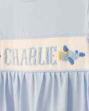 Load image into Gallery viewer, PREORDER- BOYS BLUE AIRPLANES NAME SMOCK FOOTIE