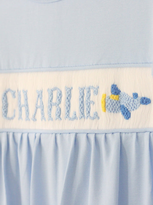 PREORDER- BOYS BLUE AIRPLANES NAME SMOCK FOOTIE