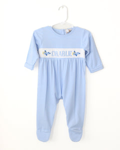 PREORDER- BOYS BLUE AIRPLANES NAME SMOCK FOOTIE