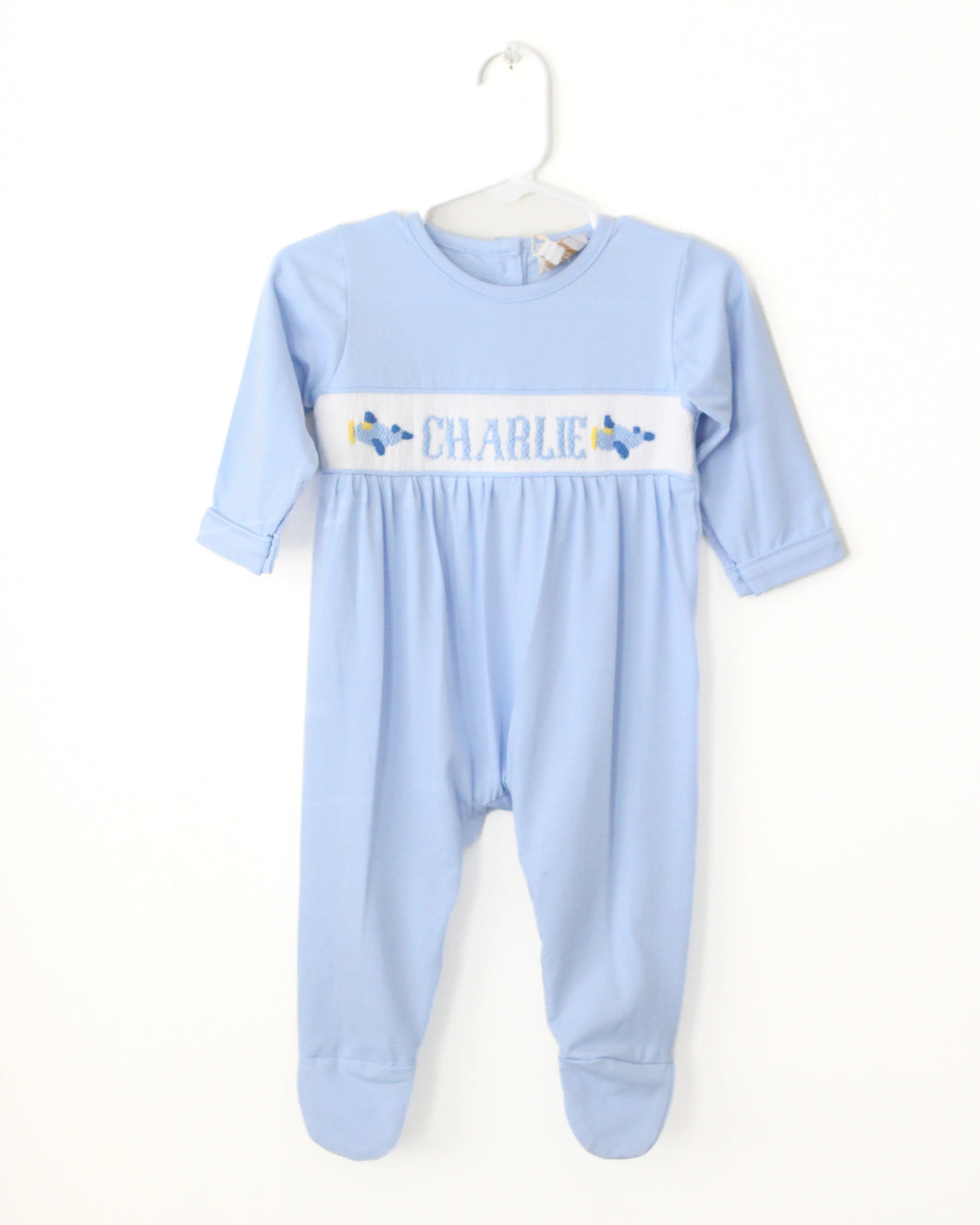 PREORDER- BOYS BLUE AIRPLANES NAME SMOCK FOOTIE